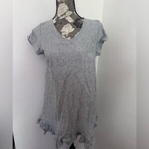 Goddess Gear Organic Linen Ruffled Blue & White Pinstripe Tunic Mini Dress- Sm